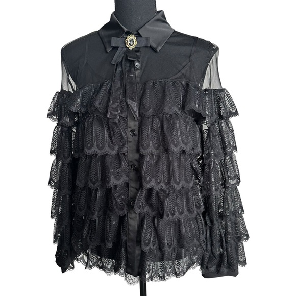 🖤Victorian Gothic Lace Ruffle Blouse | Sheer Black Romantic Tiered Top Size M - Picture 9 of 14
